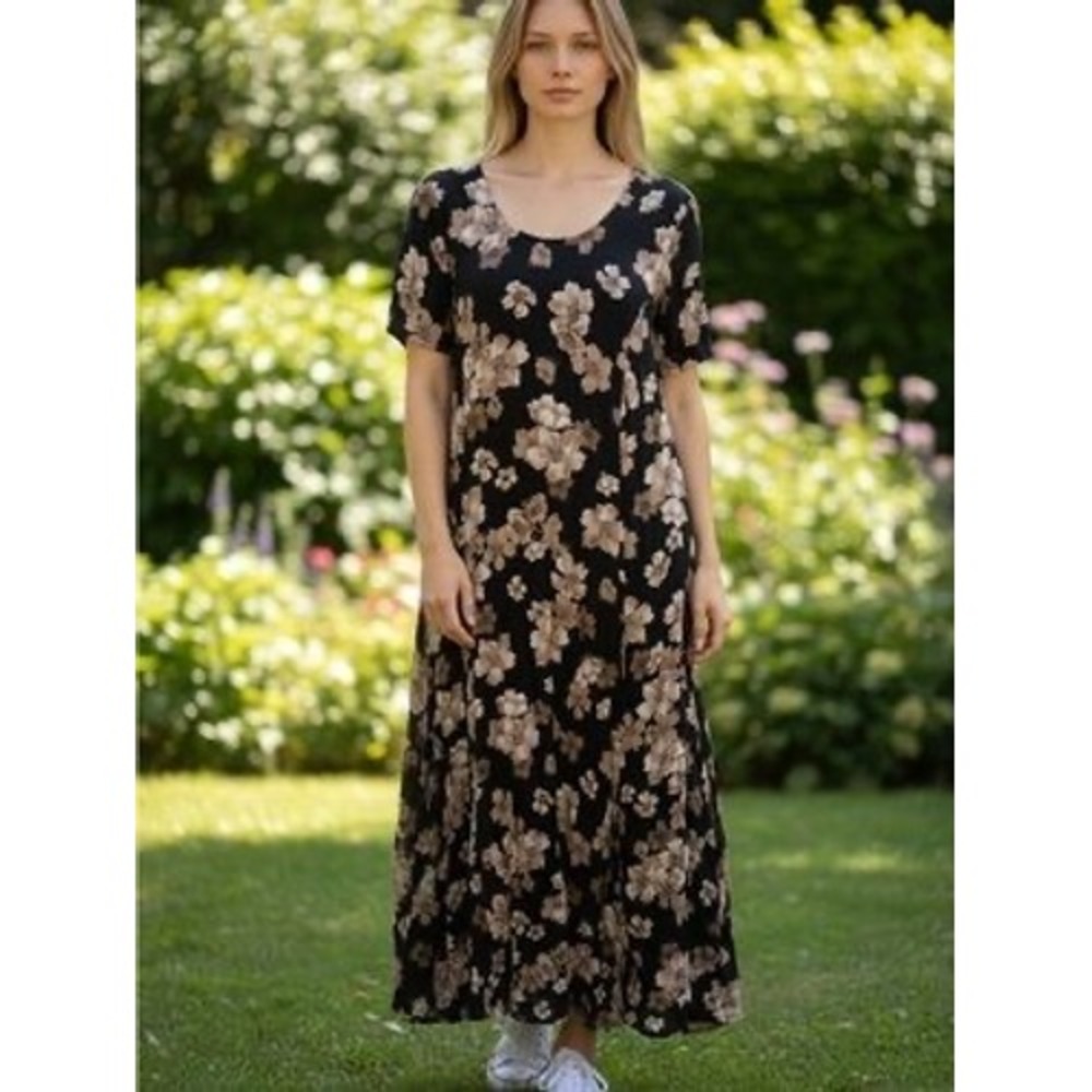 (CL) Woman Within 4X Floral Maxi Dress Black Brown Rayon Short Sleeve 34/36